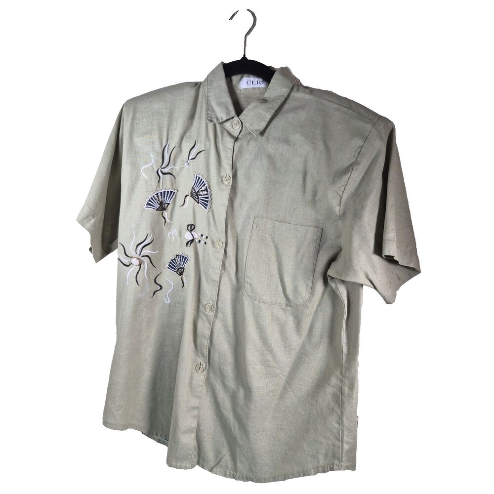 Clio Womens Olive Green Short Sleeve Shoulder Pad Asian Embroidered Camp Shirt M